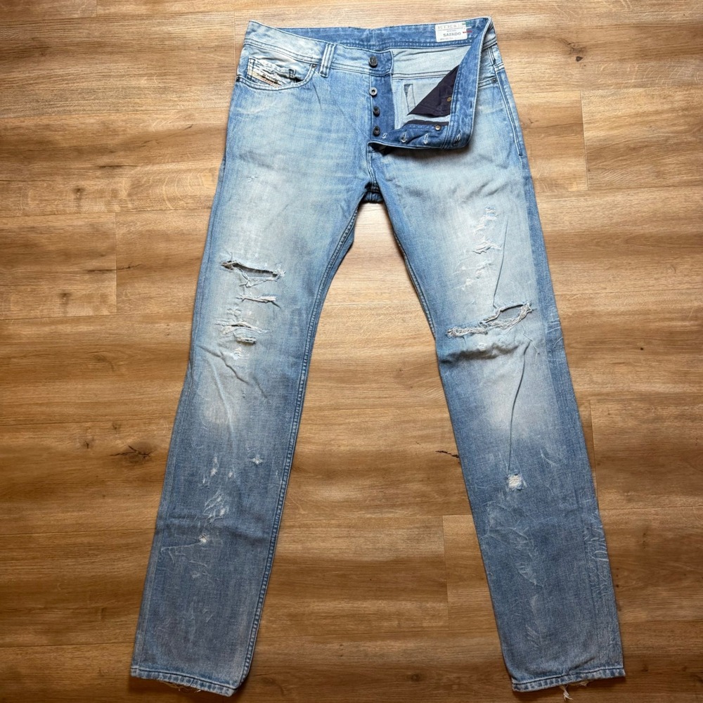 Diesel Safado Jeans Mens 34x34 Light Wash Blue Distressed Slim Straight 0071J